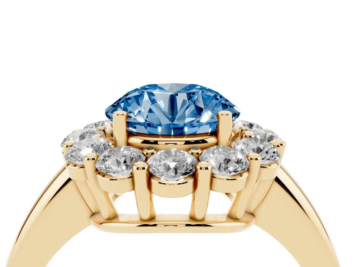 Fancy Blue Round Cut Halo Cluster Diamond Engagement Ring with Prong Setting and Polished Band Yellow gold