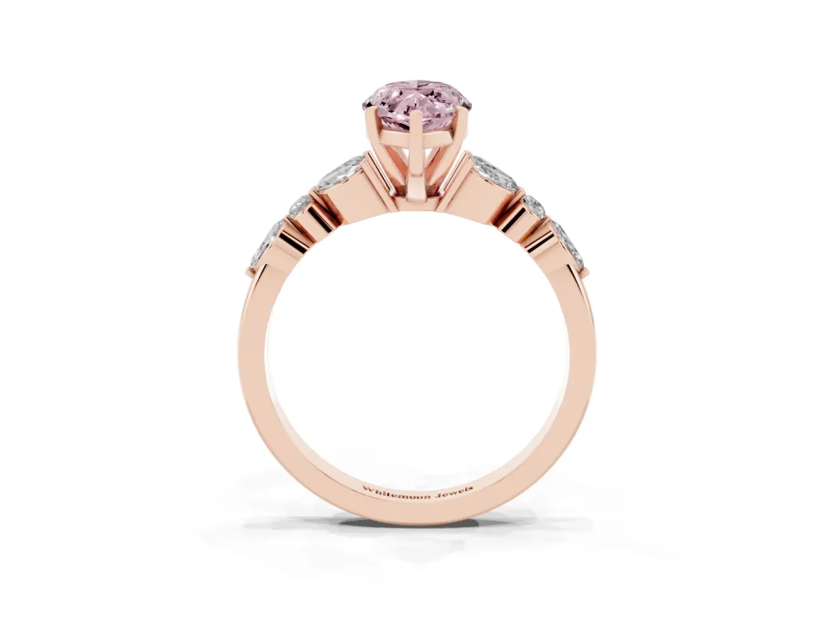 Fancy Pink Marquise Cut Diamond Solitaire Ring with Side Stones and Four-Prong Setting Rose gold