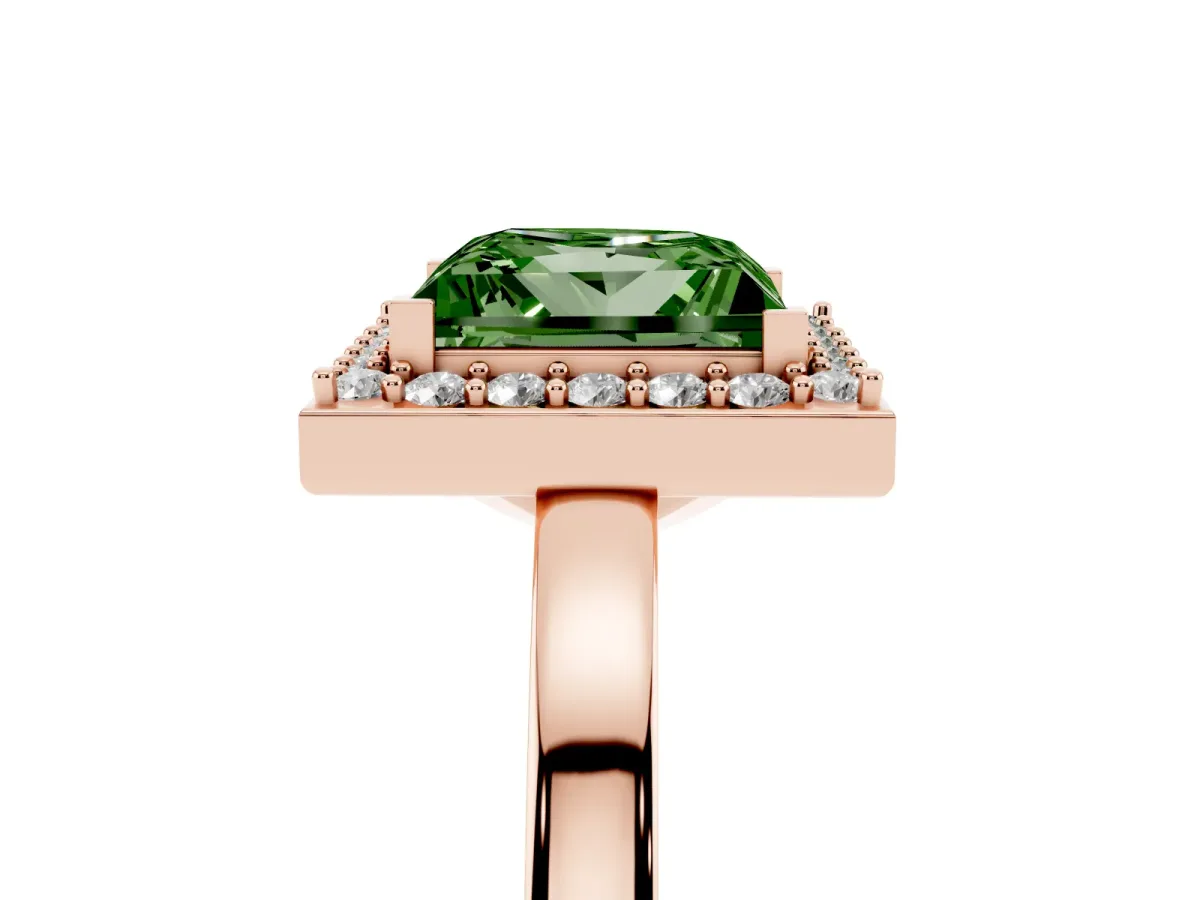 Fancy Green Princess Cut Halo Diamond Ring with Solitaire Band and Prong Setting Rose gold