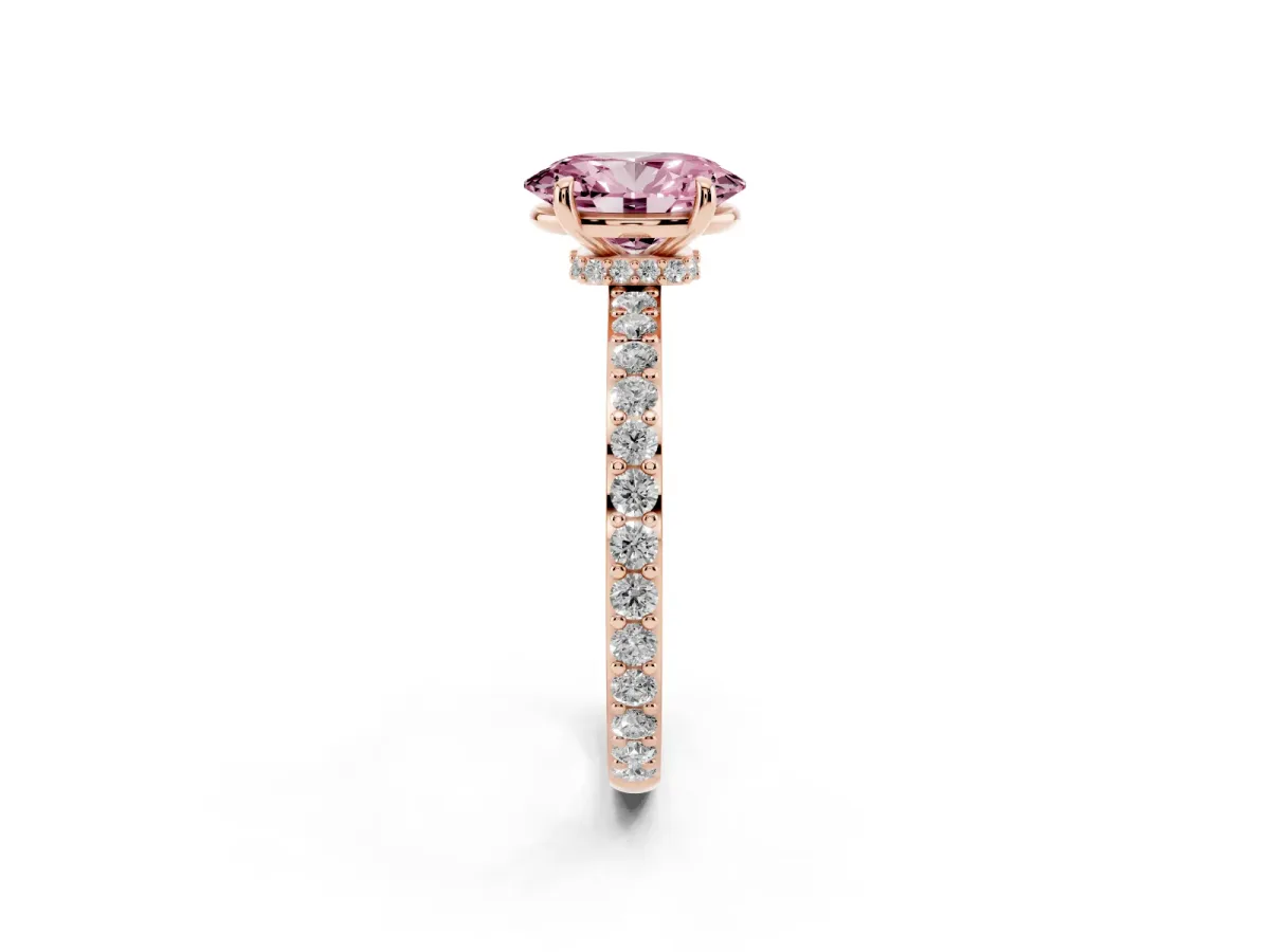 Fancy Pink Oval Cut Diamond Pavé Engagement Ring with Round Accents and Prong Setting Rose gold