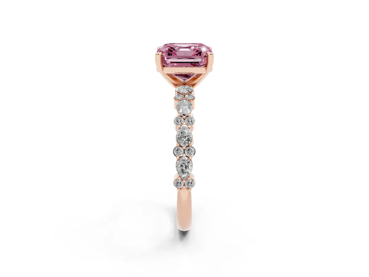 Fancy Pink Asscher Cut Diamond Side Stone Solitaire Ring with Round and Four-Prong Setting Rose gold