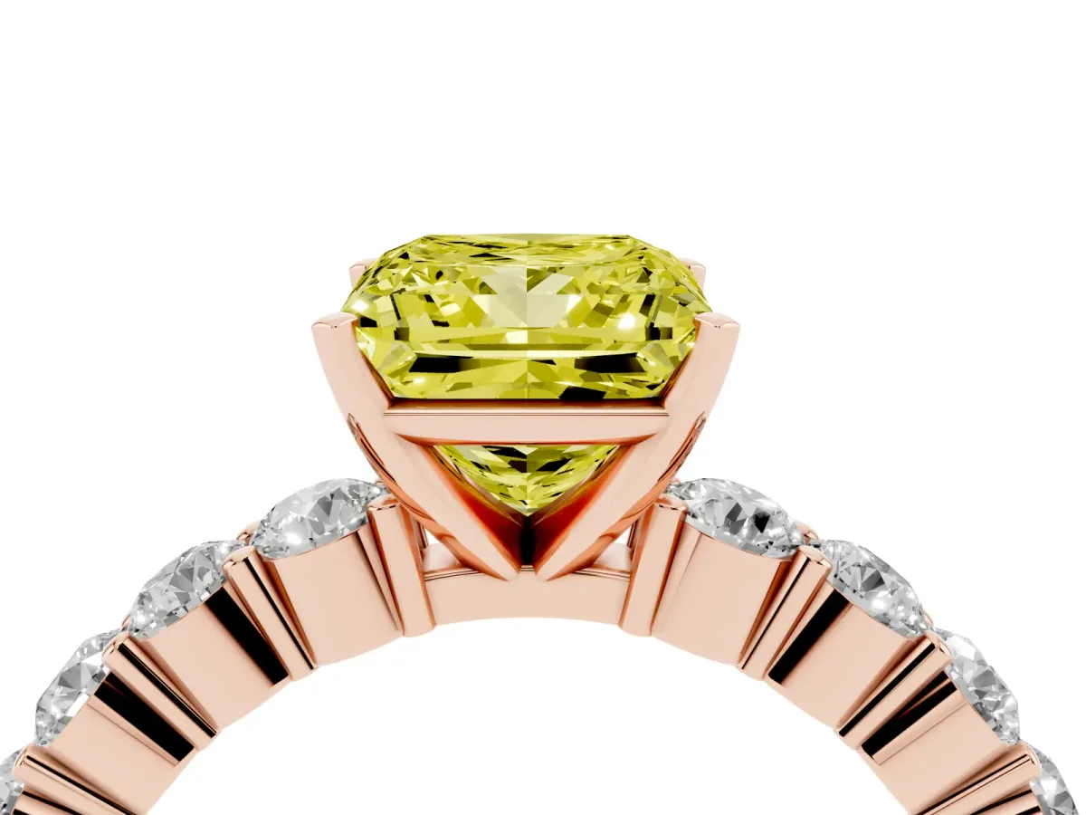 Fancy Yellow Princess Cut Diamond Solitaire Ring with Shared Prong Round Side Stones Rose gold