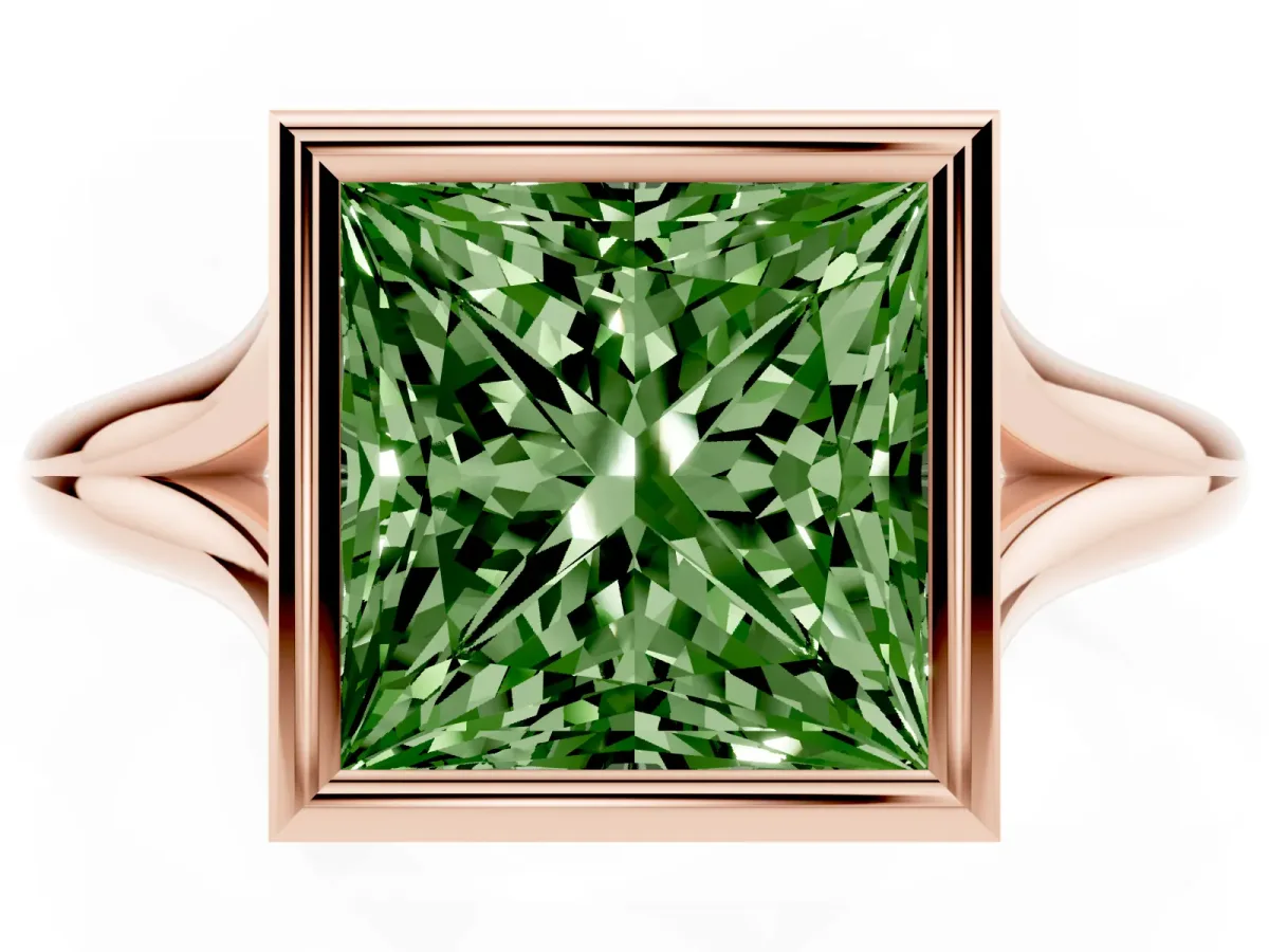 Fancy Green Bezel Set Princess Cut Cut Solitaire Ring with Tapered Band Rose gold