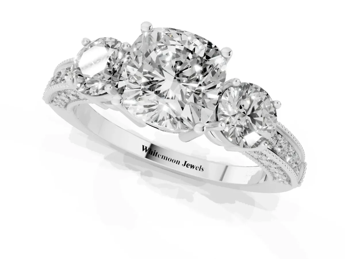Cushion Cut Three-Stone Diamond Ring with Pavé Band and Four-Prong Setting Silver