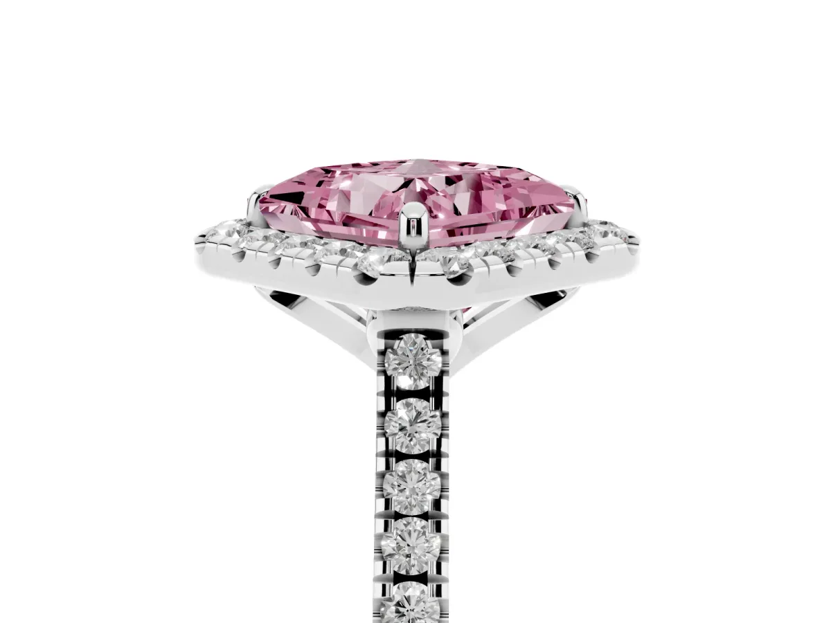 Fancy Pink Princess Cut Diamond Cushion Halo Ring with Pavé Band White gold