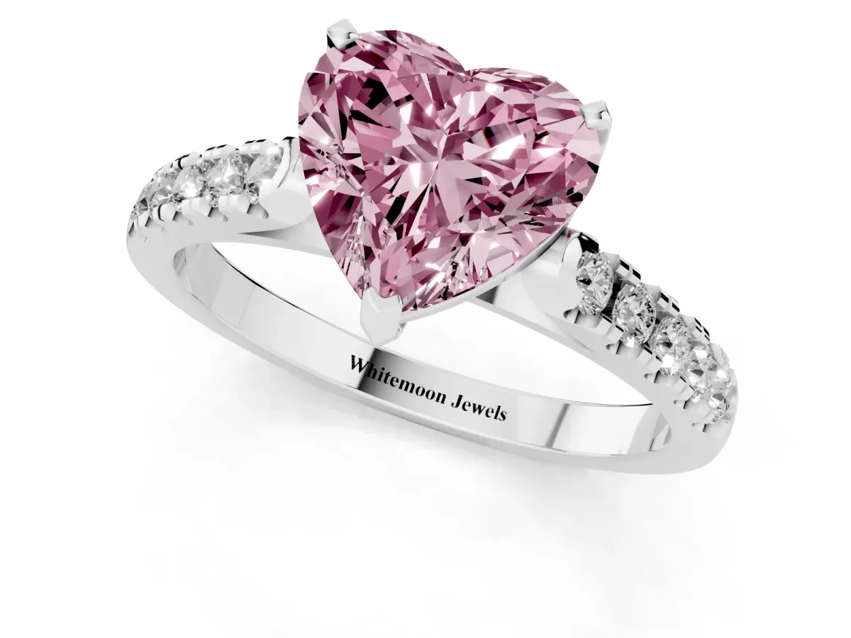 Fancy Pink Heart Cut Diamond Pavé Band Solitaire Ring with Prong Setting Platinum