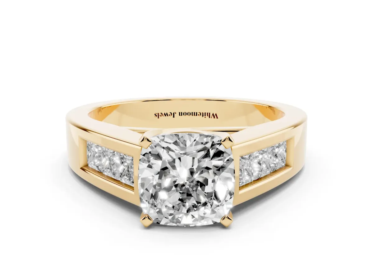 Cushion Cut Cut Channel Set Solitaire Ring with Four-Prong Setting Yellow gold