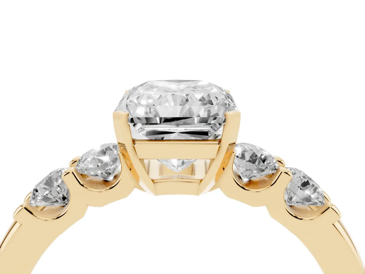 Radiant Cut Brilliant Cut Diamond Five-Stone Prong Set Engagement Ring with Channel Band Yellow gold