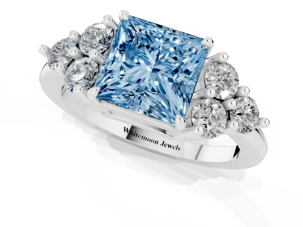 Fancy Blue Princess Cut Brilliant Diamond Cluster Accent Solitaire Ring with Prong Setting Platinum
