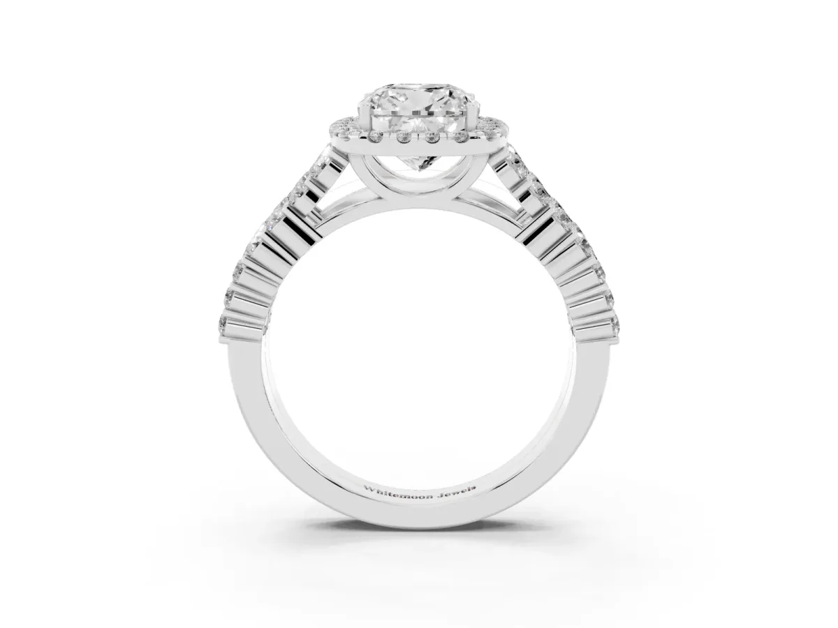 Cushion Cut Diamond Halo Engagement Ring with Triple Row Round Pavé Band and Prong Setting Silver