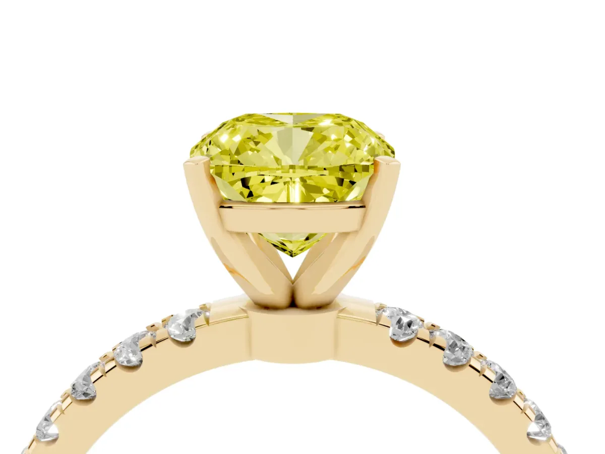 Fancy Yellow Cushion Cut Diamond Solitaire Ring with Pavé Accents and Four-Prong Setting Yellow gold