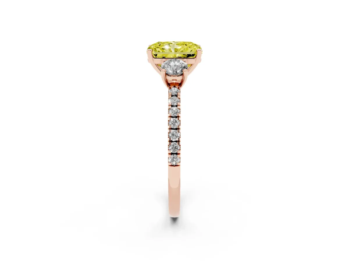 Fancy Yellow Three-Stone Radiant Cut Cut Diamond Pavé Band with Prong Setting Rose gold