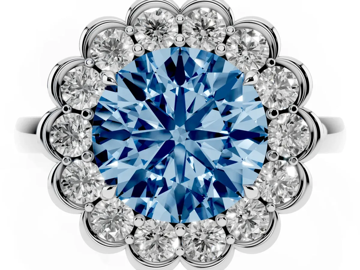 Fancy Blue Round Cut Halo Cluster Diamond Engagement Ring with Solitaire Band and Prong Setting Platinum