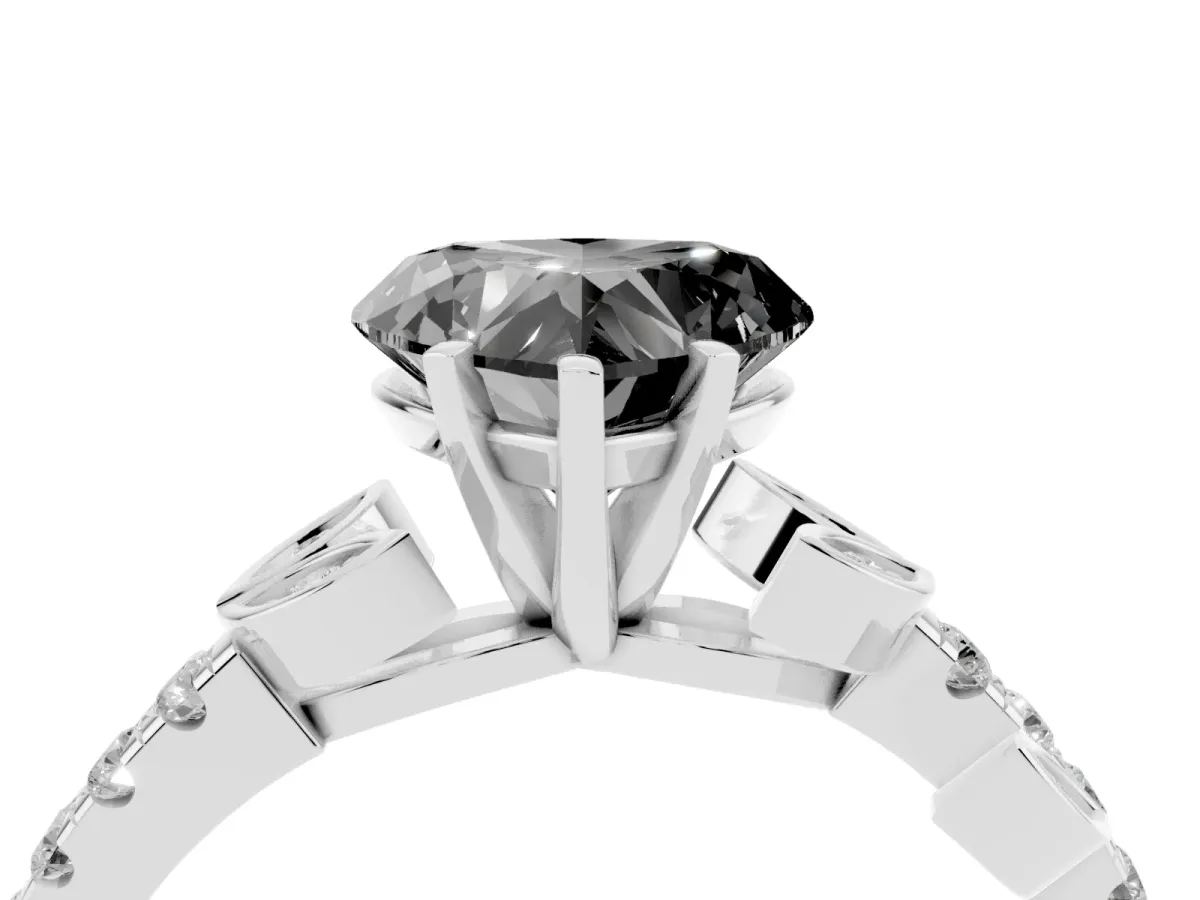 Fancy Black Heart Cut Solitaire Leaf-Inspired Diamond Ring with Pavé Band and Four-Prong Setting Silver