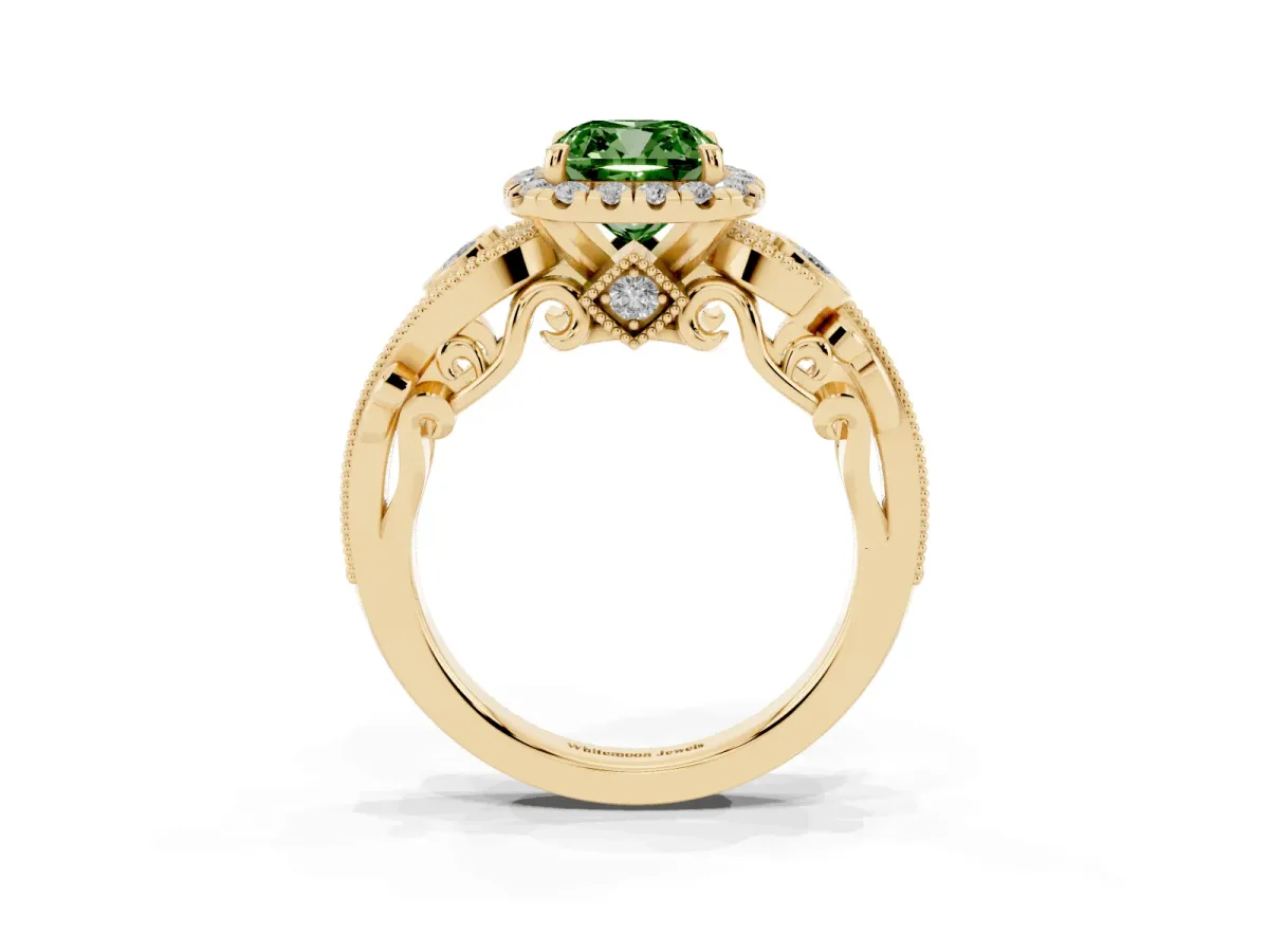 Fancy Green Cushion Cut Diamond Halo Ring with Milgrain Pavé Band and Four-Prong Setting Yellow gold