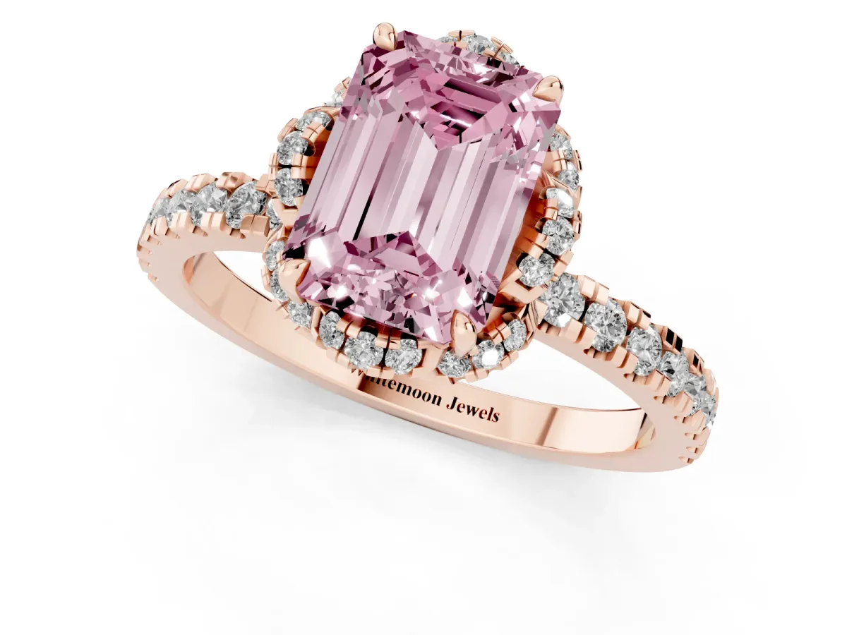 Fancy Pink Emerald Cut Halo Diamond Pave Band Ring with Four-Prong Setting Rose gold