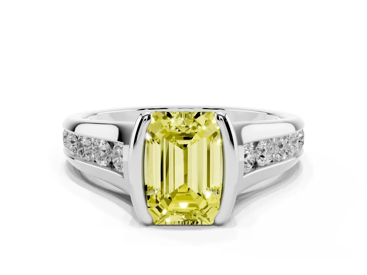 Fancy Yellow Emerald Cut Solitaire Bezel-Set Diamond Ring with Channel-Set Band Platinum