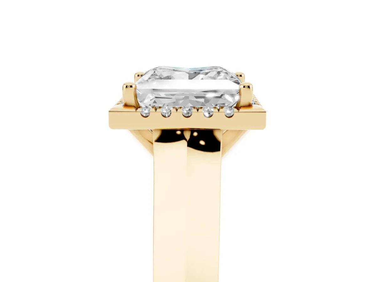 Princess Cut Halo Diamond Ring with Cathedral Band and Four-Prong Setting Yellow gold
