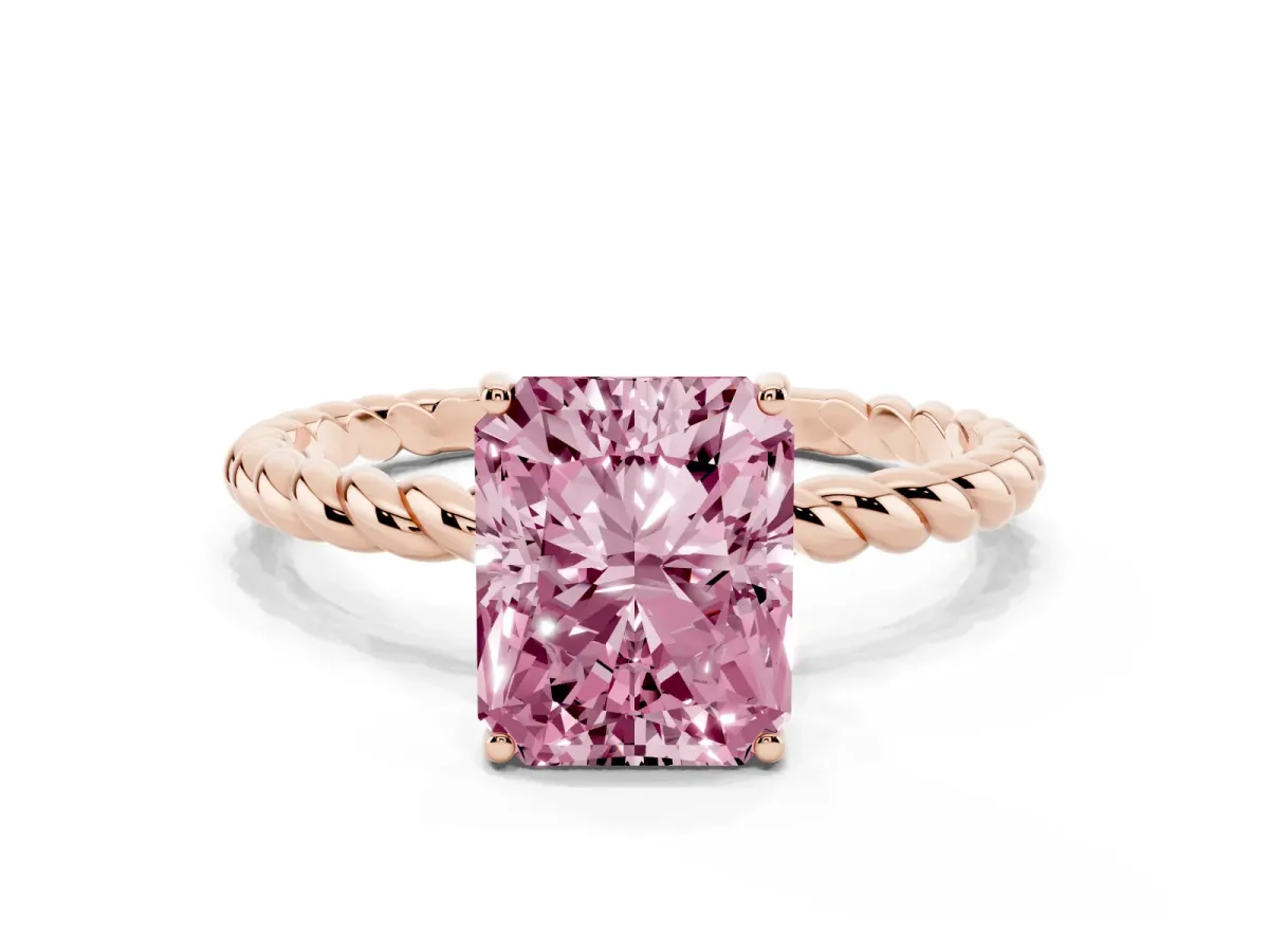 Fancy Pink Radiant Cut Solitaire Twist Band Ring with Four-Prong Setting Rose gold