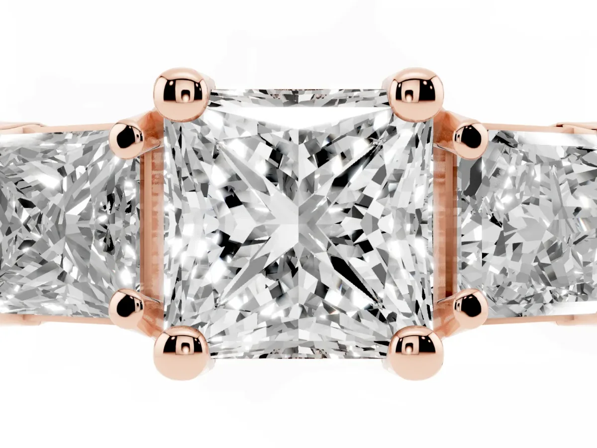 Princess Cut Diamond Three-Stone Ring with Channel Set Band and Four-Prong Setting Rose gold