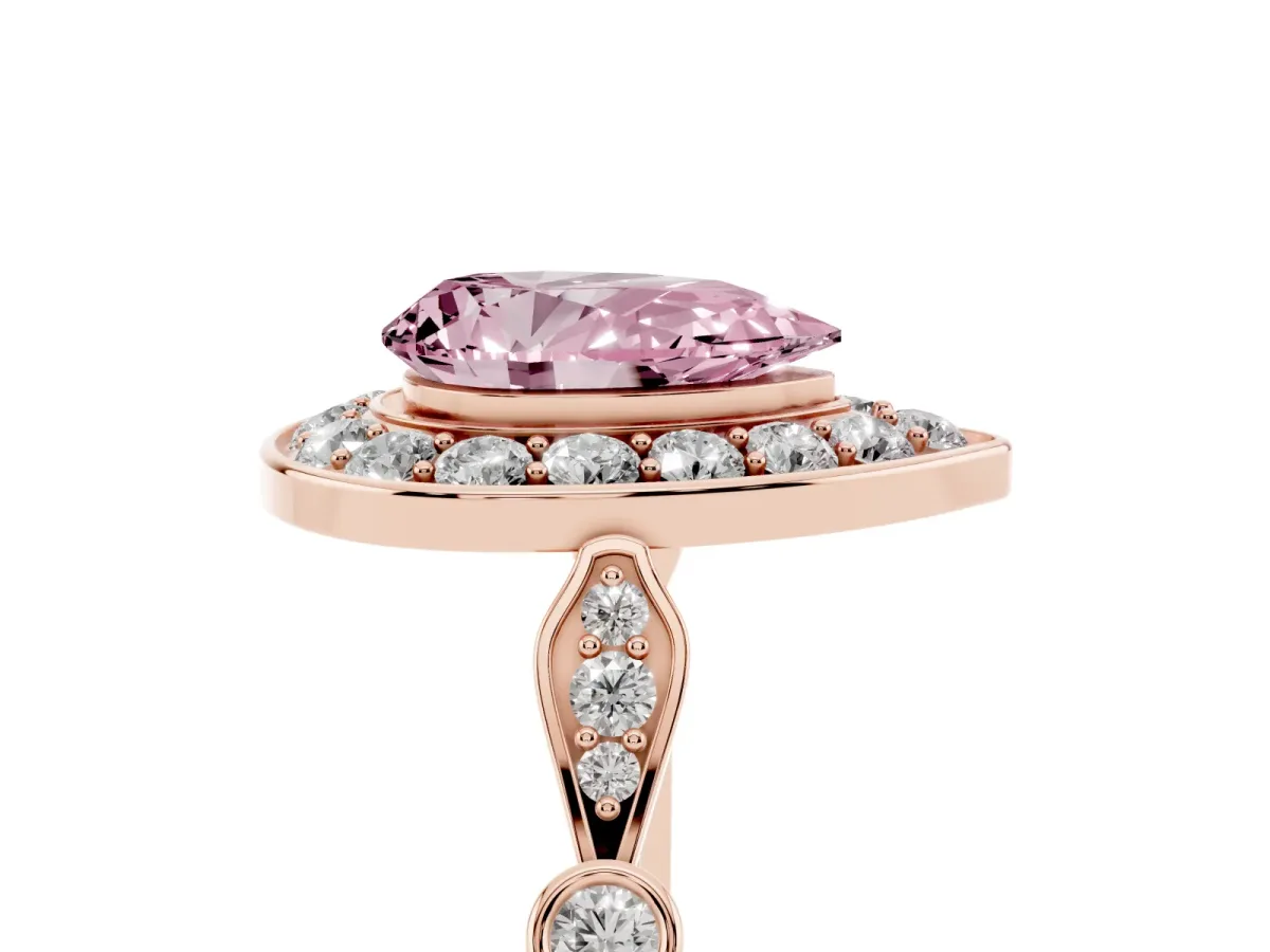 Fancy Pink Pear Cut Halo Diamond Engagement Ring with Twisted Band and Four-Prong Setting Rose gold