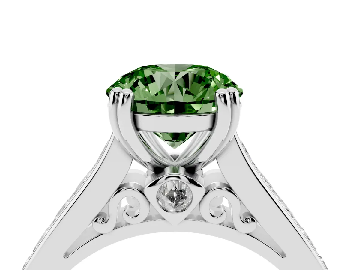 Fancy Green Round Cut Cut Channel Set Solitaire Engagement Ring with Prong Setting Platinum