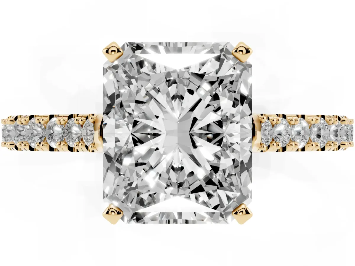 Radiant Cut Cut Solitaire Diamond Engagement Ring with Pave Band and Four-Prong Setting Yellow gold
