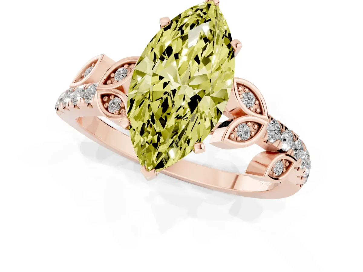 Fancy Yellow Marquise Cut Solitaire Leaf-Inspired Diamond Ring with Pavé Band and Four-Prong Setting Rose gold