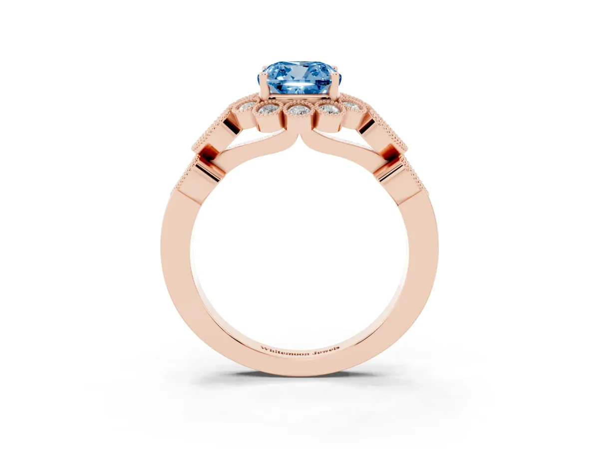 Fancy Blue Cushion Cut Brilliant Milgrain Pave Heart Band Solitaire Ring Rose gold