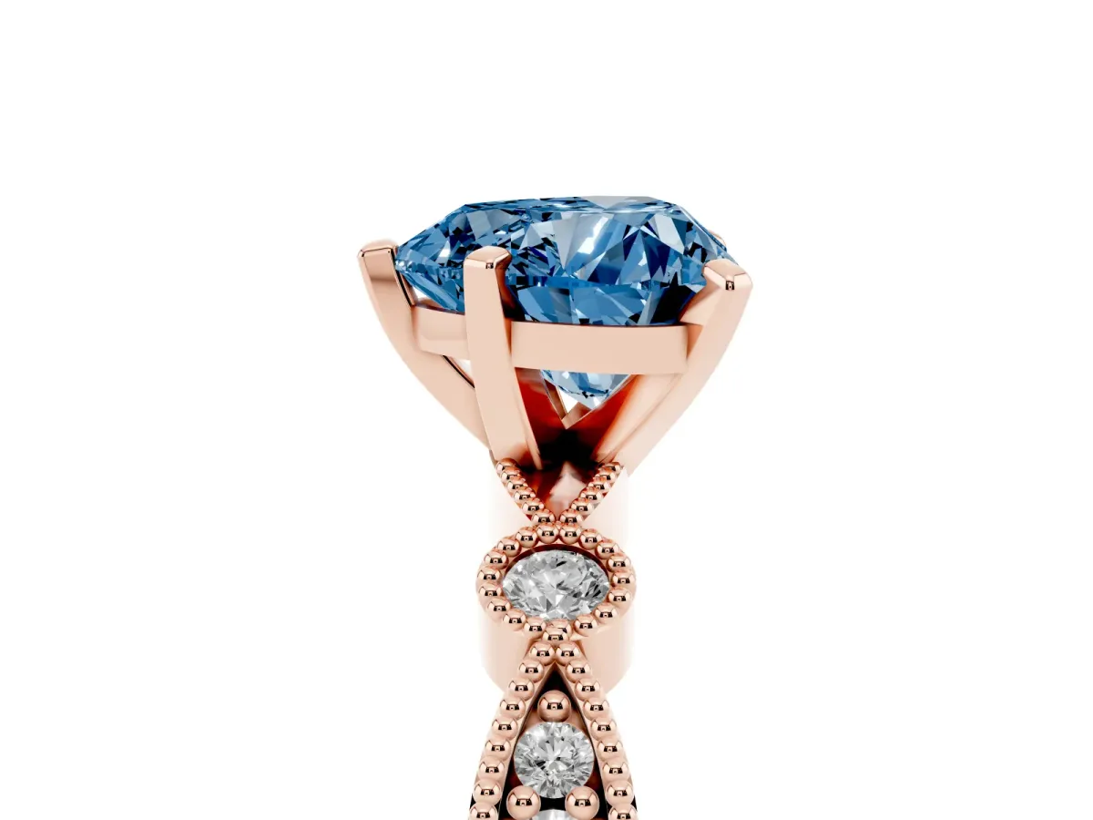 Fancy Blue Heart Cut Milgrain Bezel Diamond Engagement Ring with Solitaire Prong Setting Rose gold