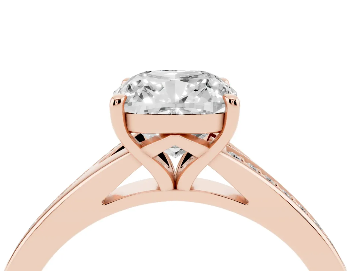 Cushion Cut Diamond Solitaire Ring with Pavé Band and Prong Setting Rose gold