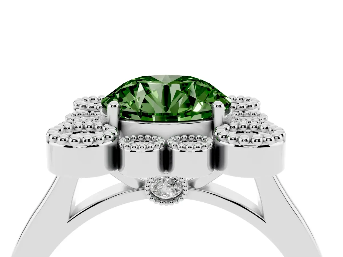Fancy Green Round Cut Halo Diamond Cluster Engagement Ring with Milgrain Bezel Setting and Solitaire Band Silver