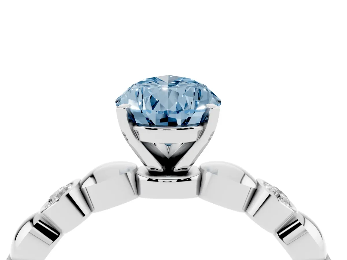 Fancy Blue Pear Cut Solitaire Bezel-Set Diamond Ring with Beaded Band and Four-Prong Setting Silver