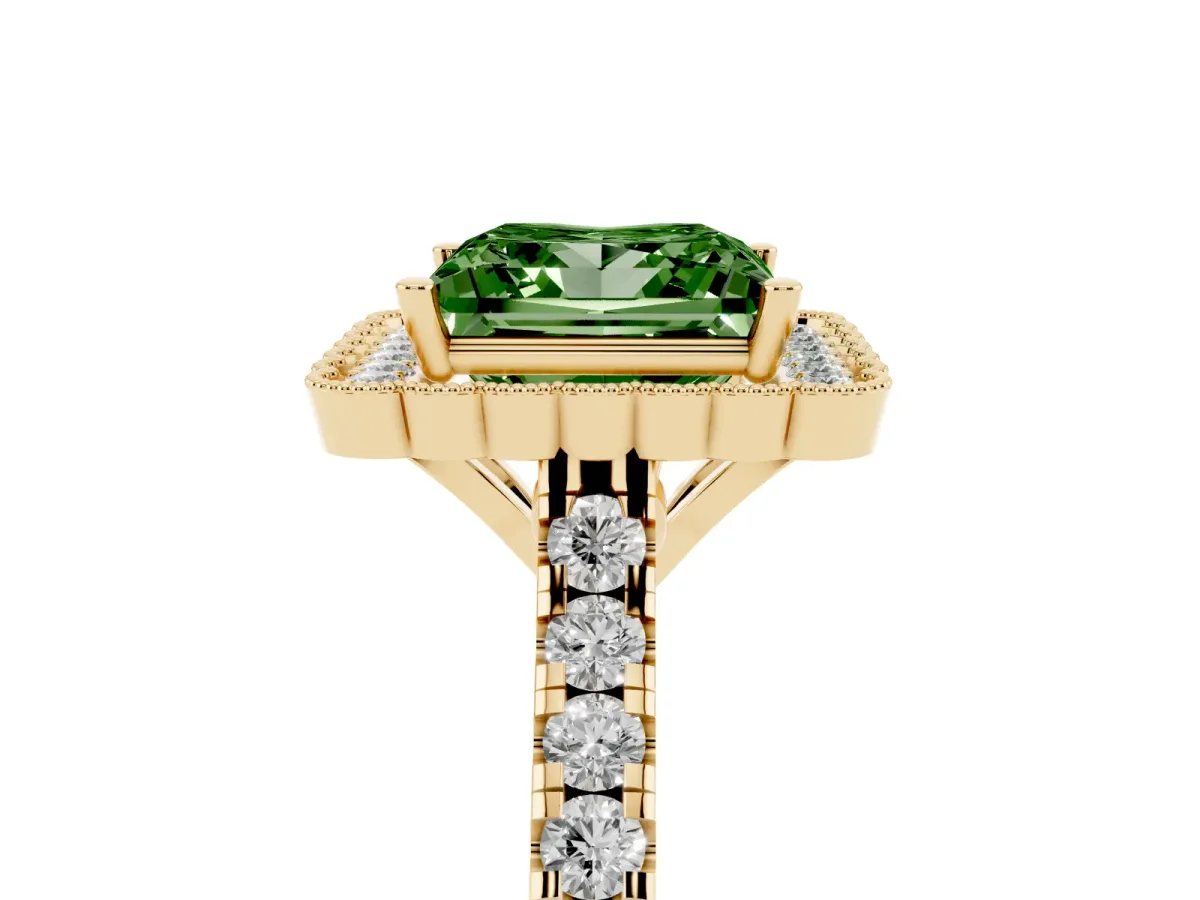 Fancy Green Princess Cut Cut Diamond Milgrain Floral Halo Engagement Ring with Pavé Band Yellow gold
