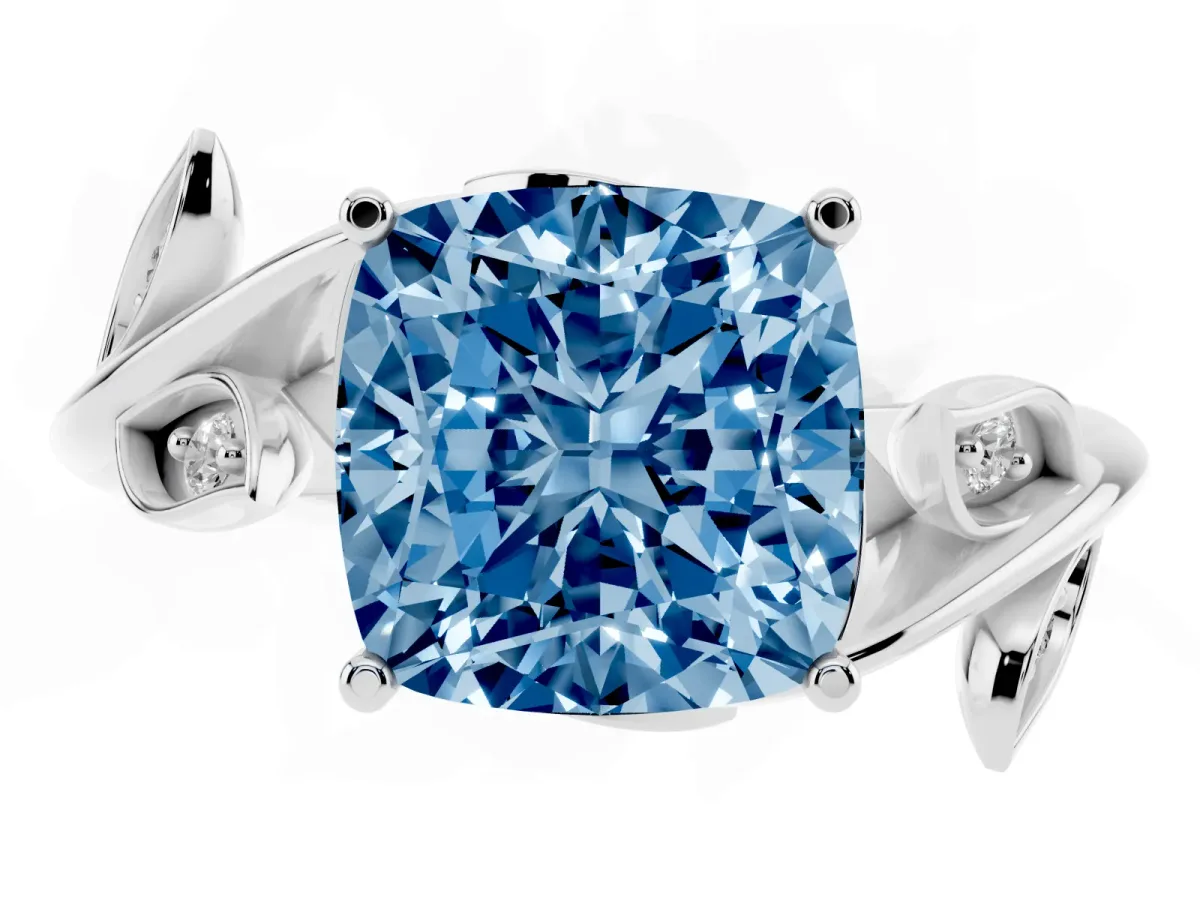 Fancy Blue Cushion Cut Solitaire Twist Engagement Ring with Leaf Accents and Prong Setting Platinum