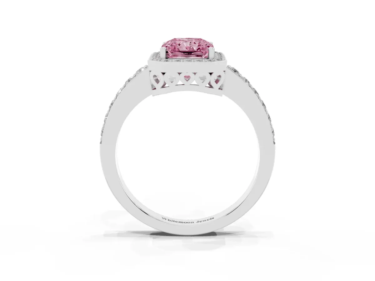 Fancy Pink Radiant Cut Halo Diamond Pavé Band Ring with Prong Setting Platinum