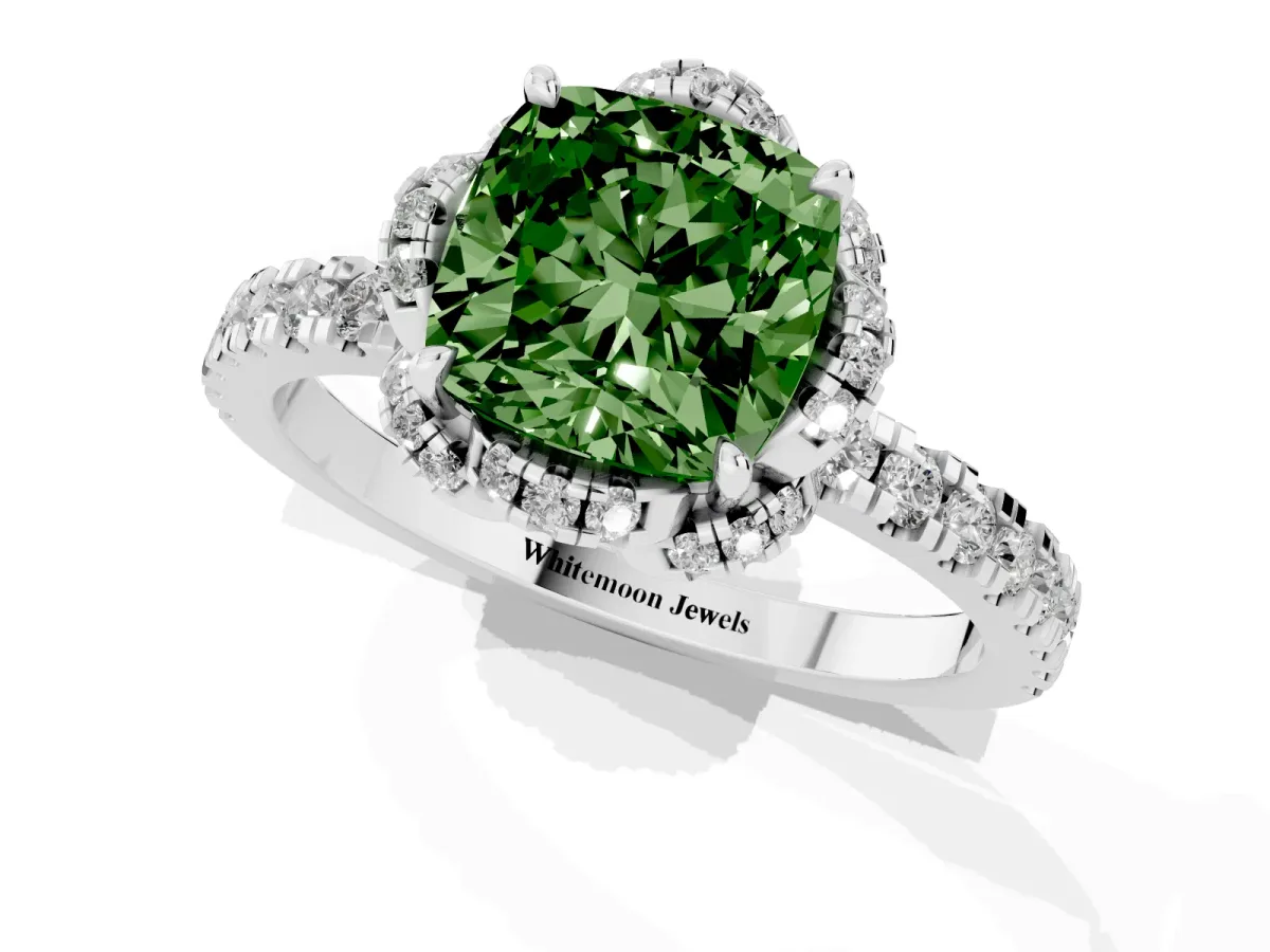 Fancy Green Cushion Cut Halo Diamond Pave Band Ring with Four-Prong Setting Silver