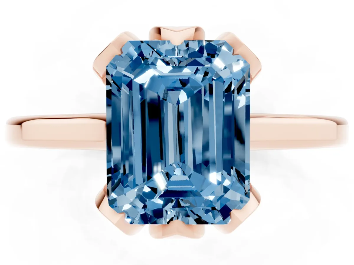 Fancy Blue Emerald Cut Diamond Solitaire Ring with Flower Prong Setting and Classic Band Rose gold
