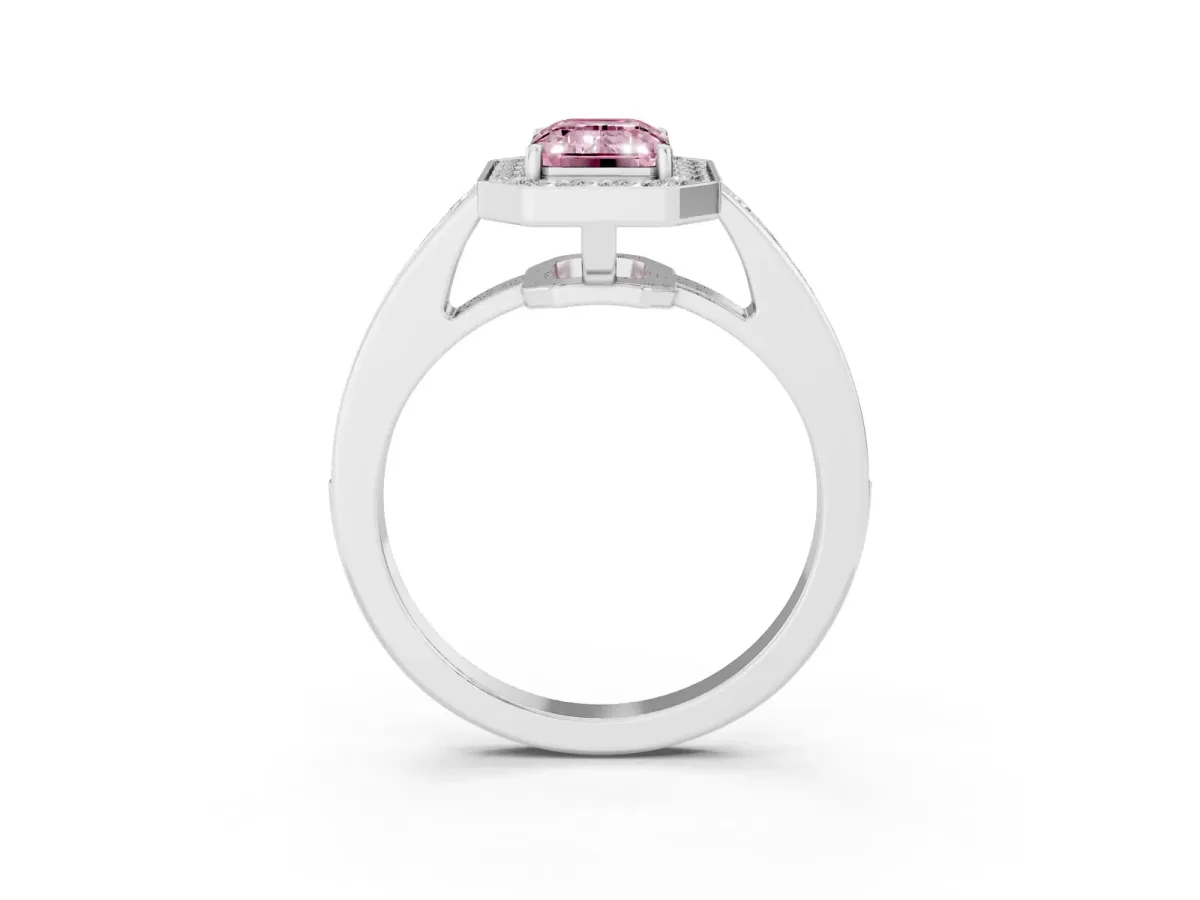 Fancy Pink Emerald Cut Halo Pavé Diamond Engagement Ring with Bezel Setting Silver