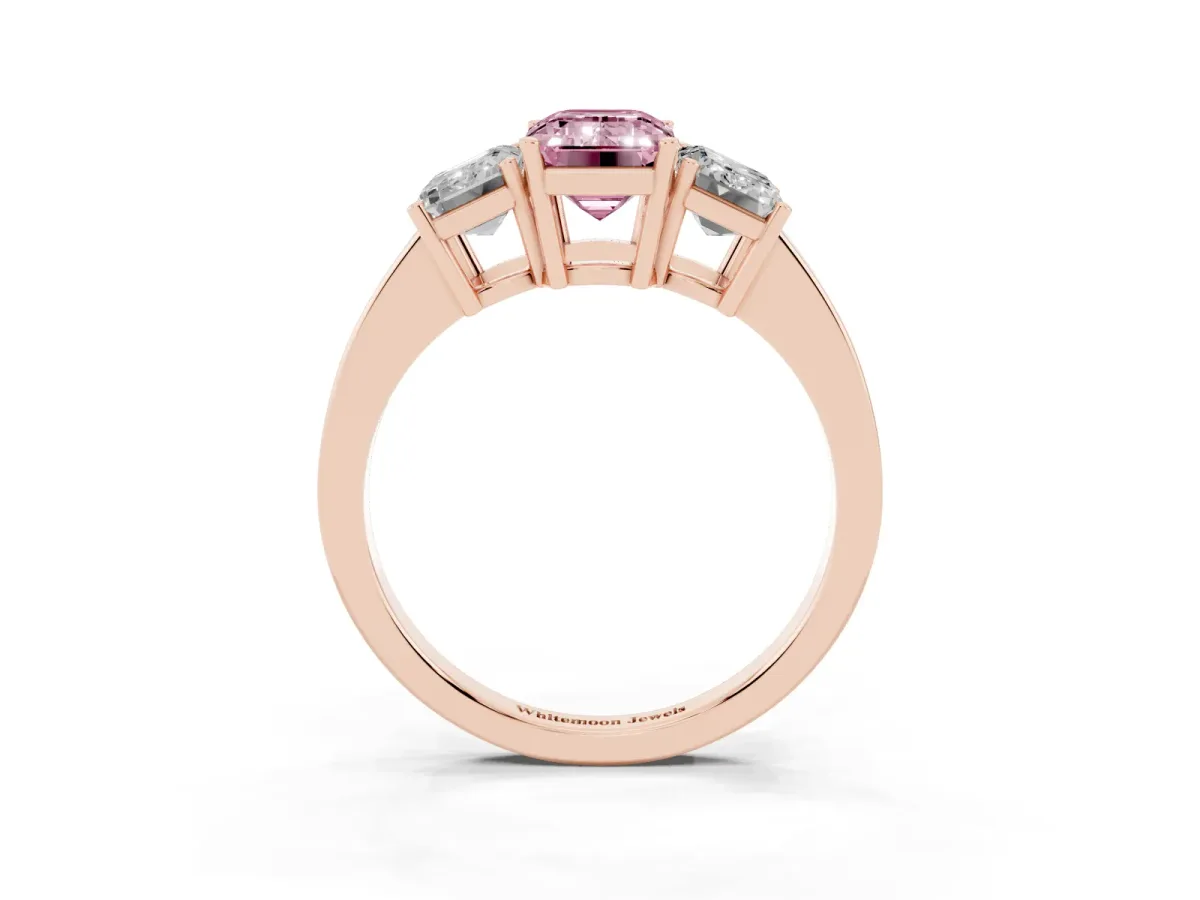 Fancy Pink Three-Stone Emerald Cut Cut Diamond Engagement Ring with Flat Band and Four-Prong Setting Rose gold