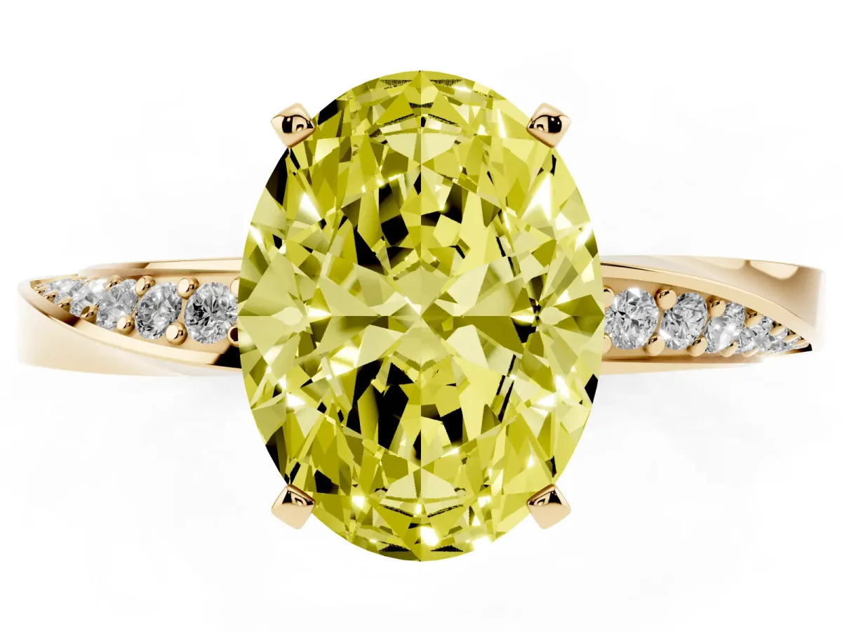 Fancy Yellow Oval Cut Diamond Engagement Ring with Side Stone Accents and Four-Prong Setting Yellow gold