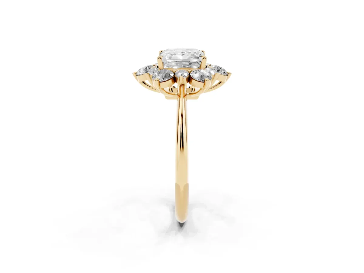 Princess Cut Diamond Cluster Halo Ring with Solitaire Band and Four-Prong Setting Yellow gold