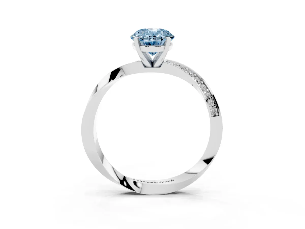Fancy Blue Oval Cut Diamond Engagement Ring with Side Stone Accents and Four-Prong Setting Silver