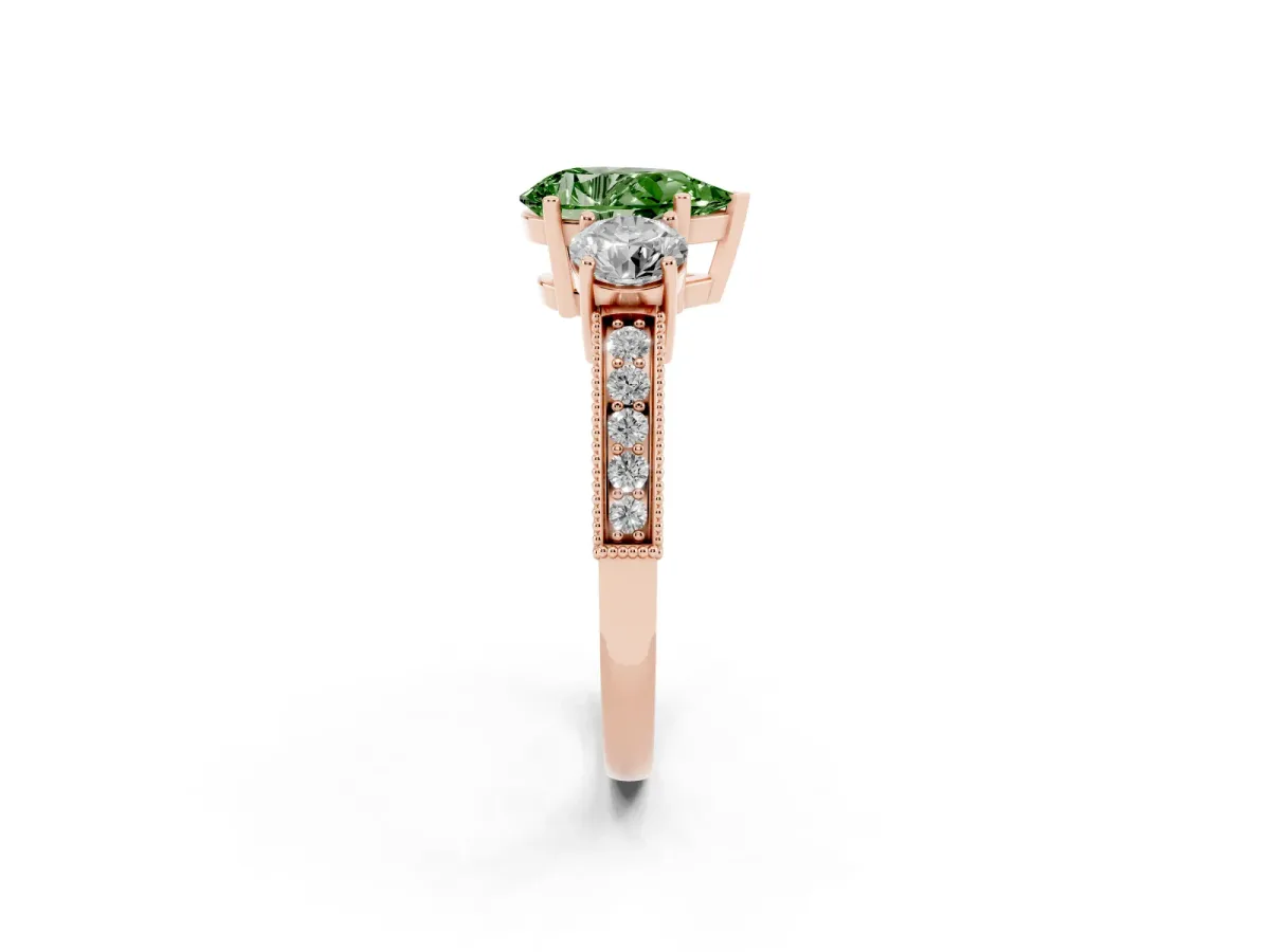 Fancy Green Pear Cut Three-Stone Diamond Ring with Pavé Band and Four-Prong Setting Rose gold
