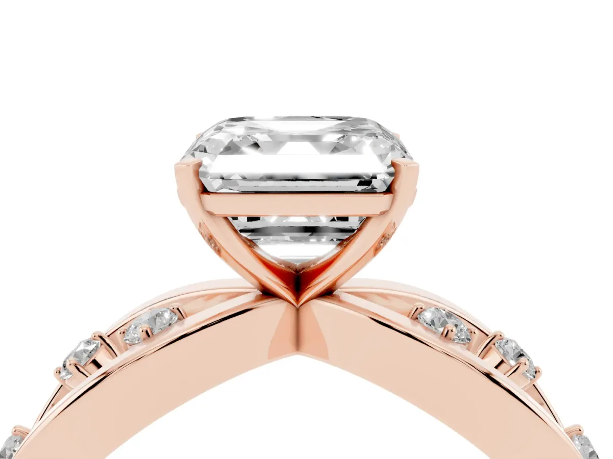 Asscher Cut Cut Solitaire Diamond with Side Stones on Criss-Cross Band and Four-Prong Setting Rose gold