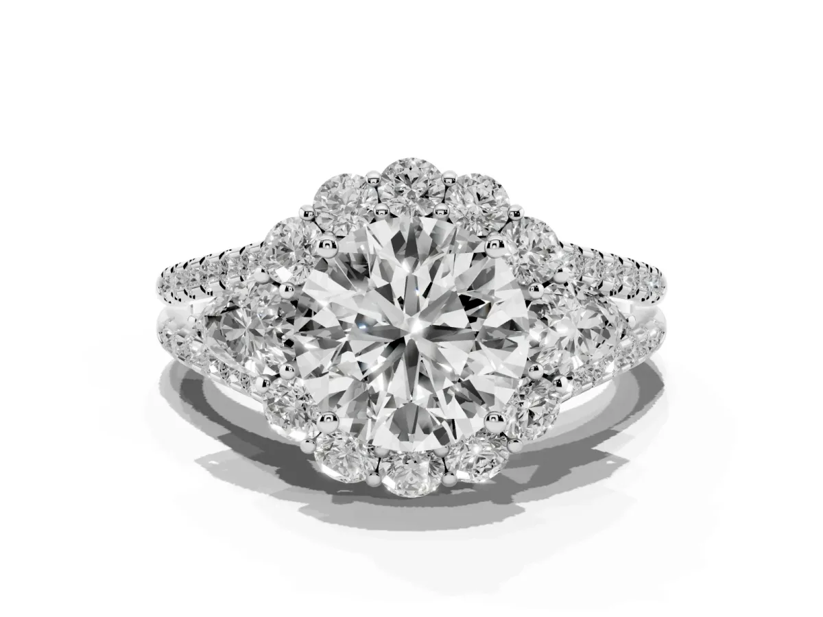 Round Cut Halo Split Shank Diamond Engagement Ring with Prong Setting Silver