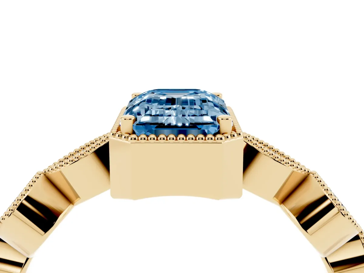 Fancy Blue Emerald Cut Diamond Vintage Milgrain Ring with Round Stations Yellow gold