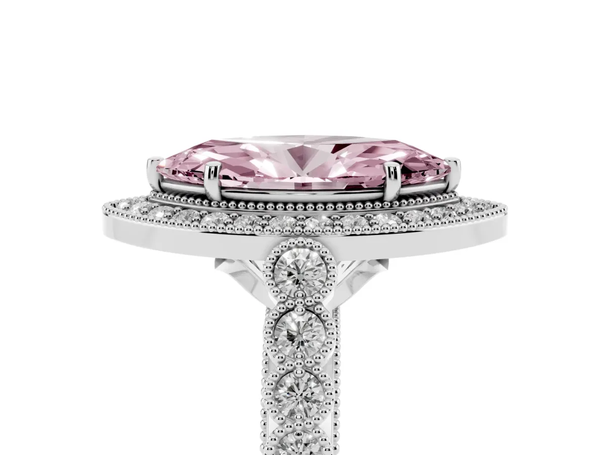 Fancy Pink Marquise Cut Halo Milgrain Solitaire with Bezel Set Side Stones and Pave Band White gold