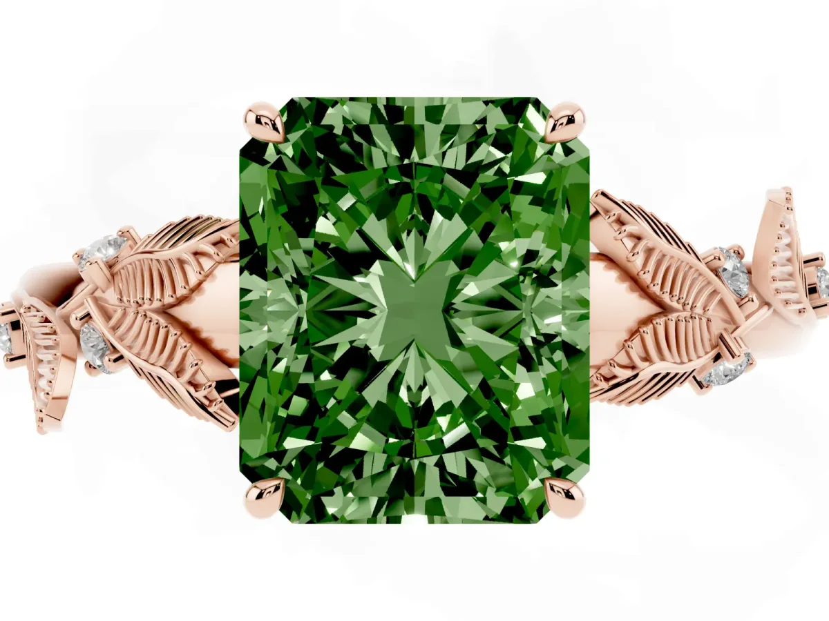 Fancy Green Radiant Cut Diamond Solitaire Ring with Leaf Motif Band and Four-Prong Setting Rose gold