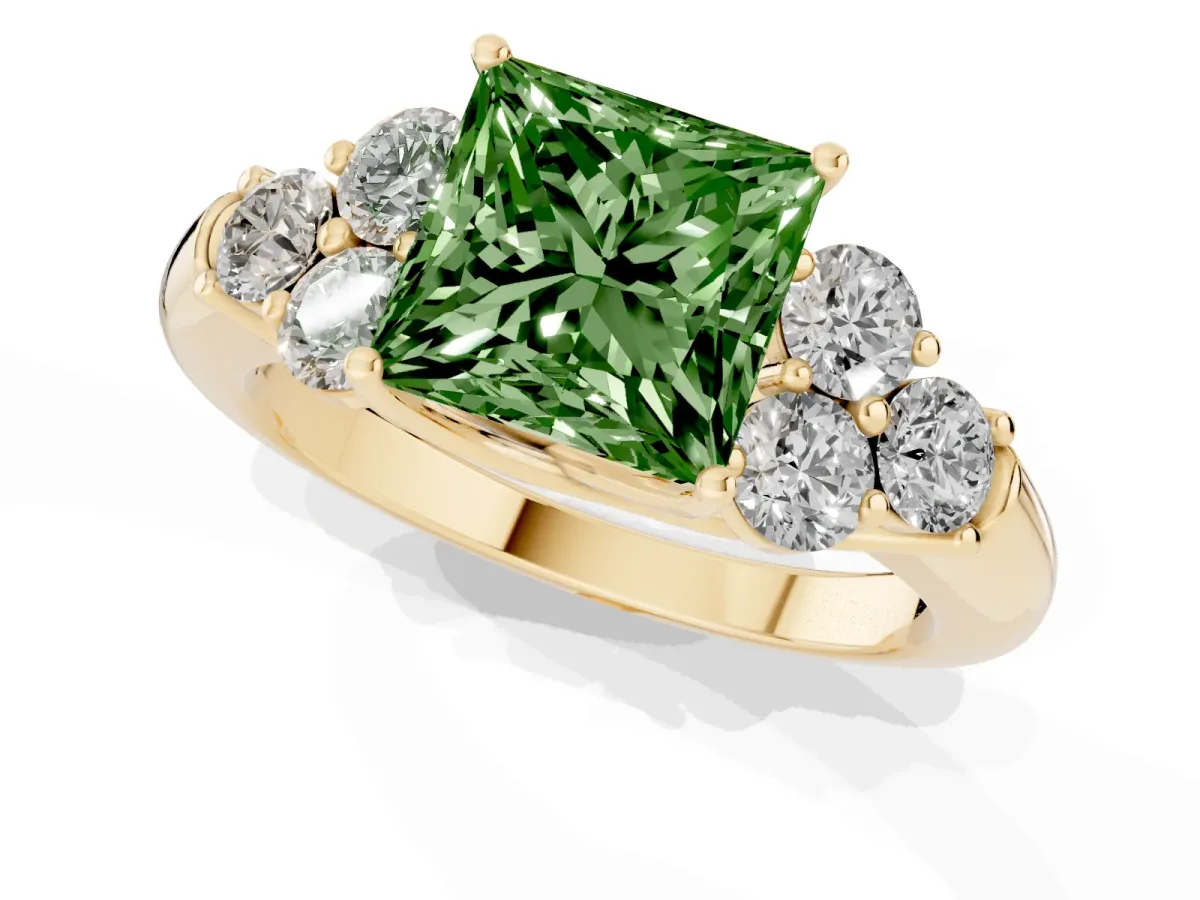 Fancy Green Princess Cut Cut Diamond Cluster Ring with Round Accent Stones and Prong Setting on a Classic Band Yellow gold